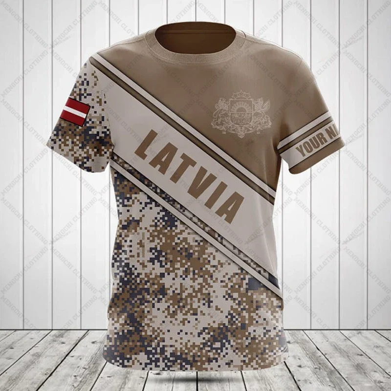 Custom Name Latvia Camouflage Tees Summer Casual Streetwear Men\'s Loose T-shirts Boy Oversized Sportswear Short Sleeve Tops