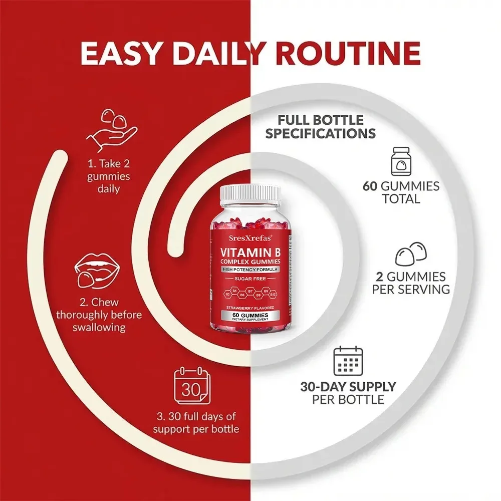 Vitamin B Complex Gummies - Fatigue, Reduces Stress and Anxiety, Mood Formula,Promotes Brain and Nervous System Health, Immunity
