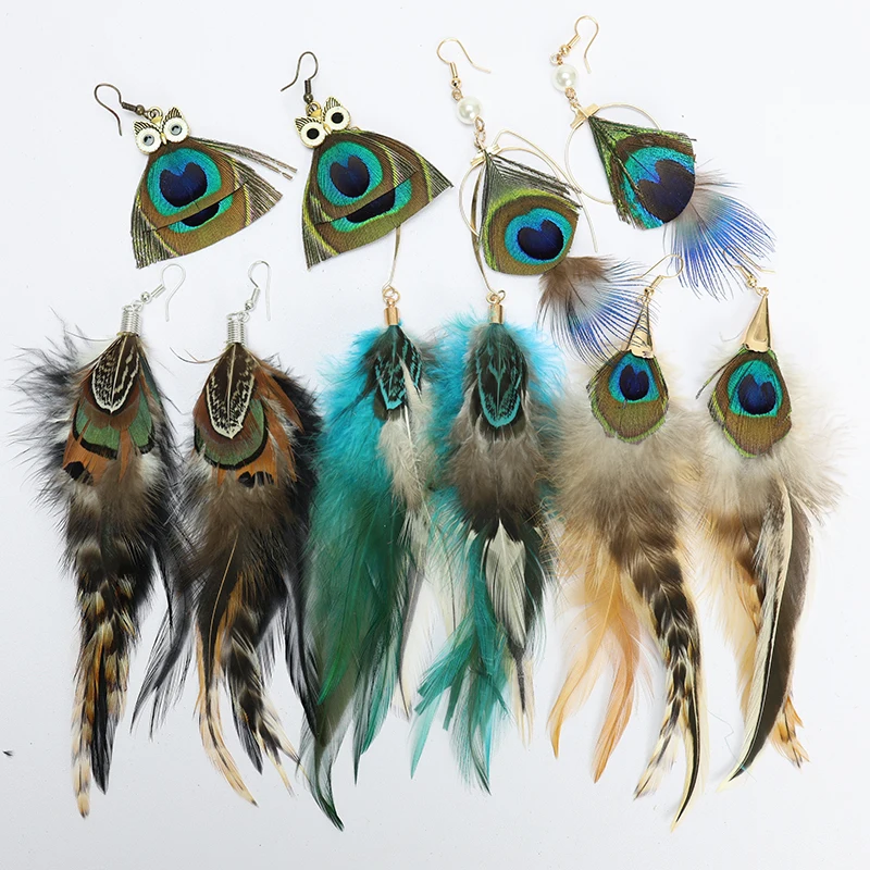 Vintage Unique Feather Earrings Creative Pheasant Feathers Earrings for Women Fashion Bohemian Alloy Leaf Big Earrings Jewelry