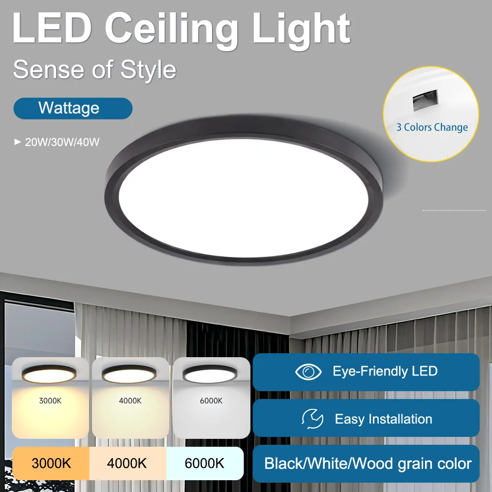 Ultra-thin LED Ceiling Light Fixture 3 Colors 20/30/40W Panel Led Bathroom Lamp 220V Indoor Ceiling Lamps for Living Room Home