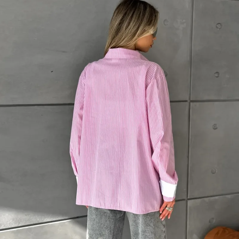 Trendix Pink Striped Shirt For Women Fashion Patchwork Long Sleeve Casual Pocket Shirts 2024 Autumn Street Loose Trendy Cardigan
