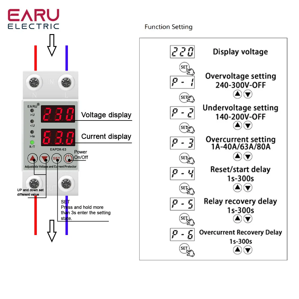 Dual Display 40A 63A 230V Din Rail Adjustable Digital Over Under Voltage Relay Over Current Protection kWh 220V