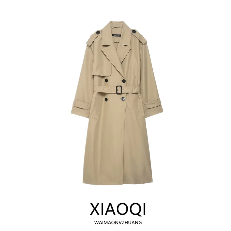 

Double-Breasted Long Coat Windbreaker with Belt New Autumn 2025 Women's Faion Turn-down Collar Slit Design Commute Sle Lo...