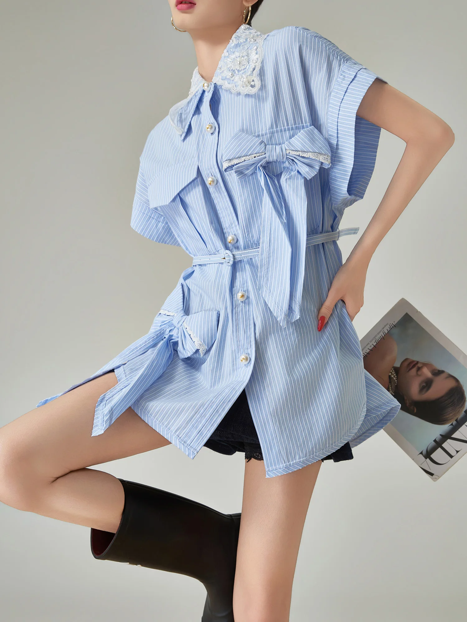 

Casual Blue Striped Pearl Button Loose Collar Short Sleeve Shirt Spring Summer New Style Comfortable Soft Wind Knot