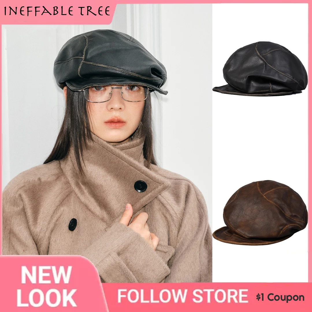 

INS Japanese Retro Leather Tie-dye Pleated Large Cloud Hats for Women Short-brimmed Mushroom Personalized Beret Cap Gorra Hombre