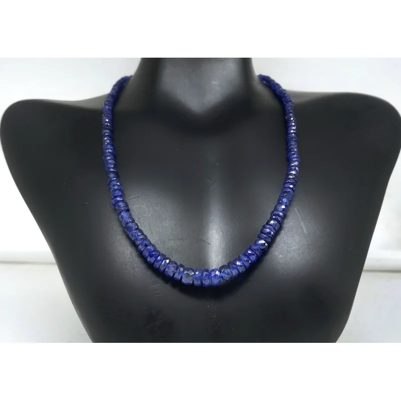 Blue Sapphire Necklace 20” Round Faceted Beads Sterling Silver Clasp