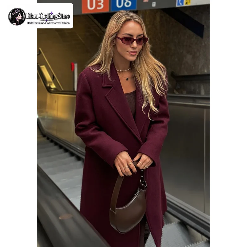 Women Classic High Street Long Coat Double Breasted Notched Lapel Long Sleeve Flap Pockets Relaxed Fit Autumn Winter Outerwear