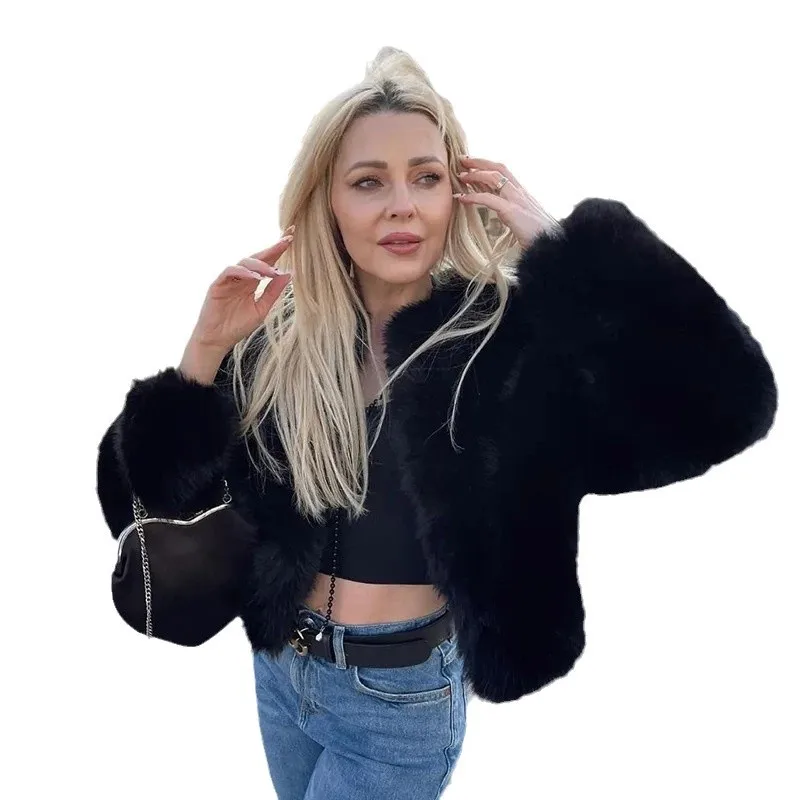 

Gradient Winter Women's Eco Fur Coat Round Neck Detailed Loose Short Lady Fur Jacket Fluffy Artificial Faux Fur Coat For Female