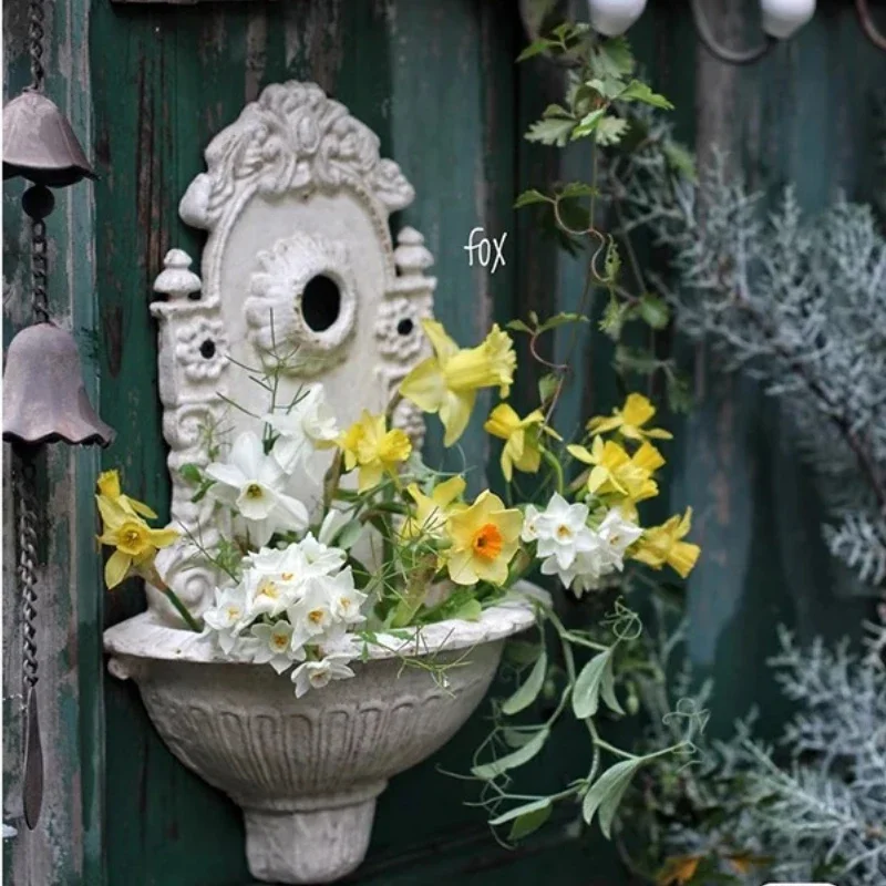 French Farmhouse Wall Sink - Vintage Rustic Basin for Garden Decor, Aged Iron Wall Mounted Water Feature, Patio Floral Planter