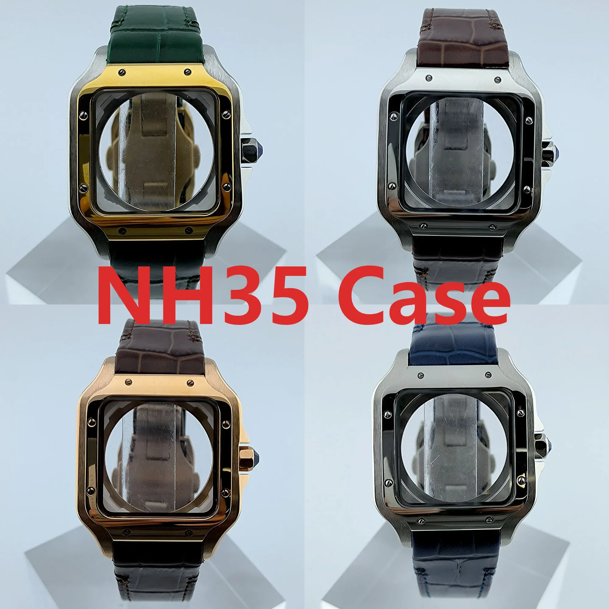 NH35 Watch Case 38mm Square Roma 27mm Dial Folding Buckle Square Stainless Steel Case Leather strap fit for NH35 NH36 Movement