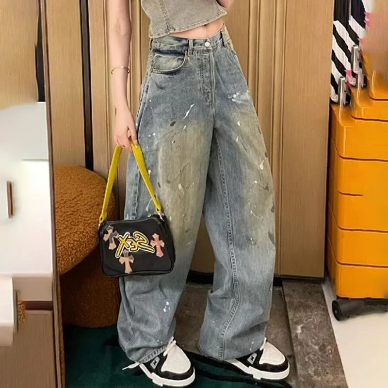 Fried Street Straight Tube Splash Ink Jeans Women's Spring Autumn New Design Sense Slimming Loose Denim Wide Leg Long Pants