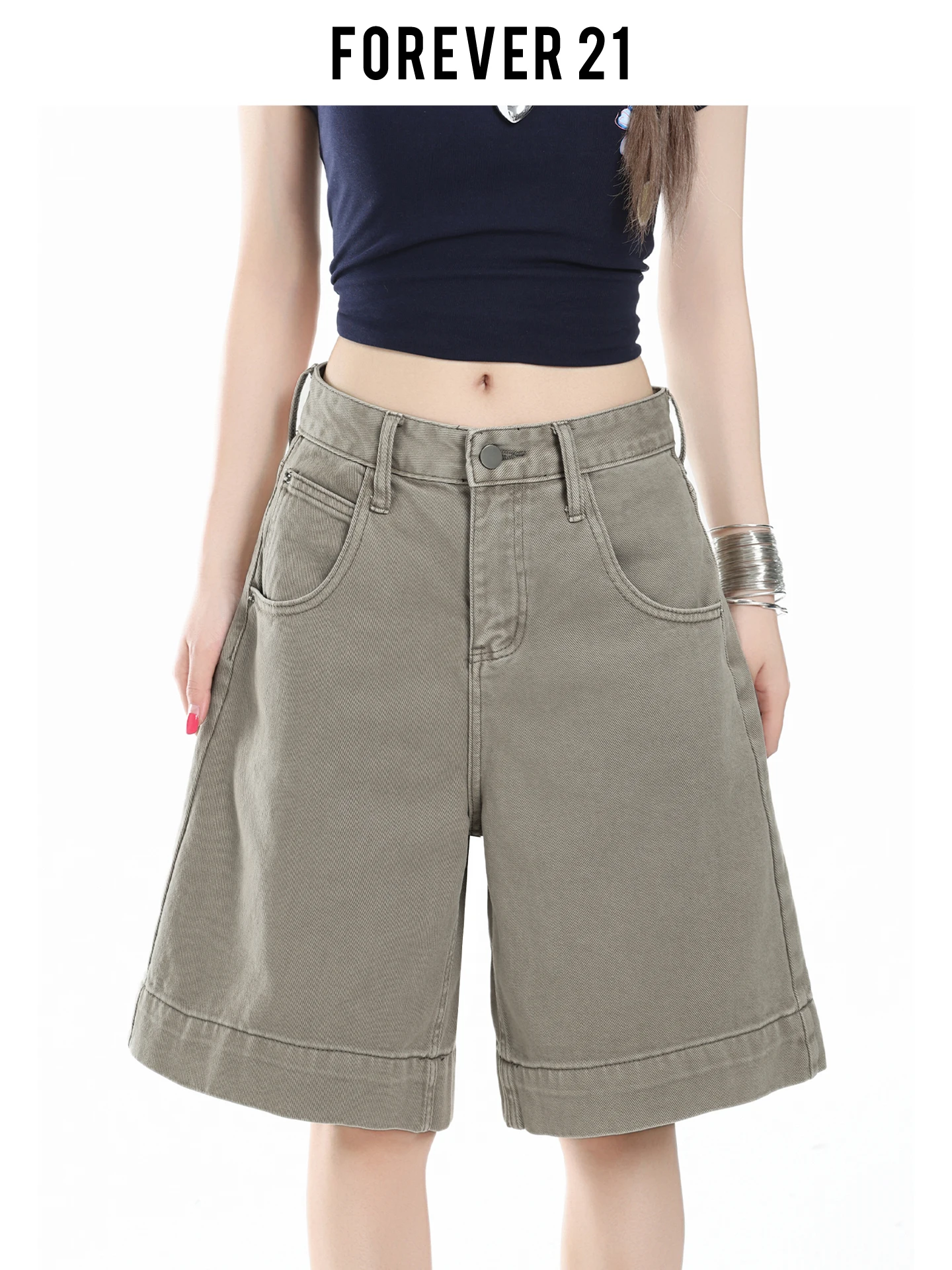Shorts Jeans Vintage Cinza Solto Forever 21 Feminino Cintura Alta Perna Larga Calça Capri Estilo Casual de Verão que Emagrece