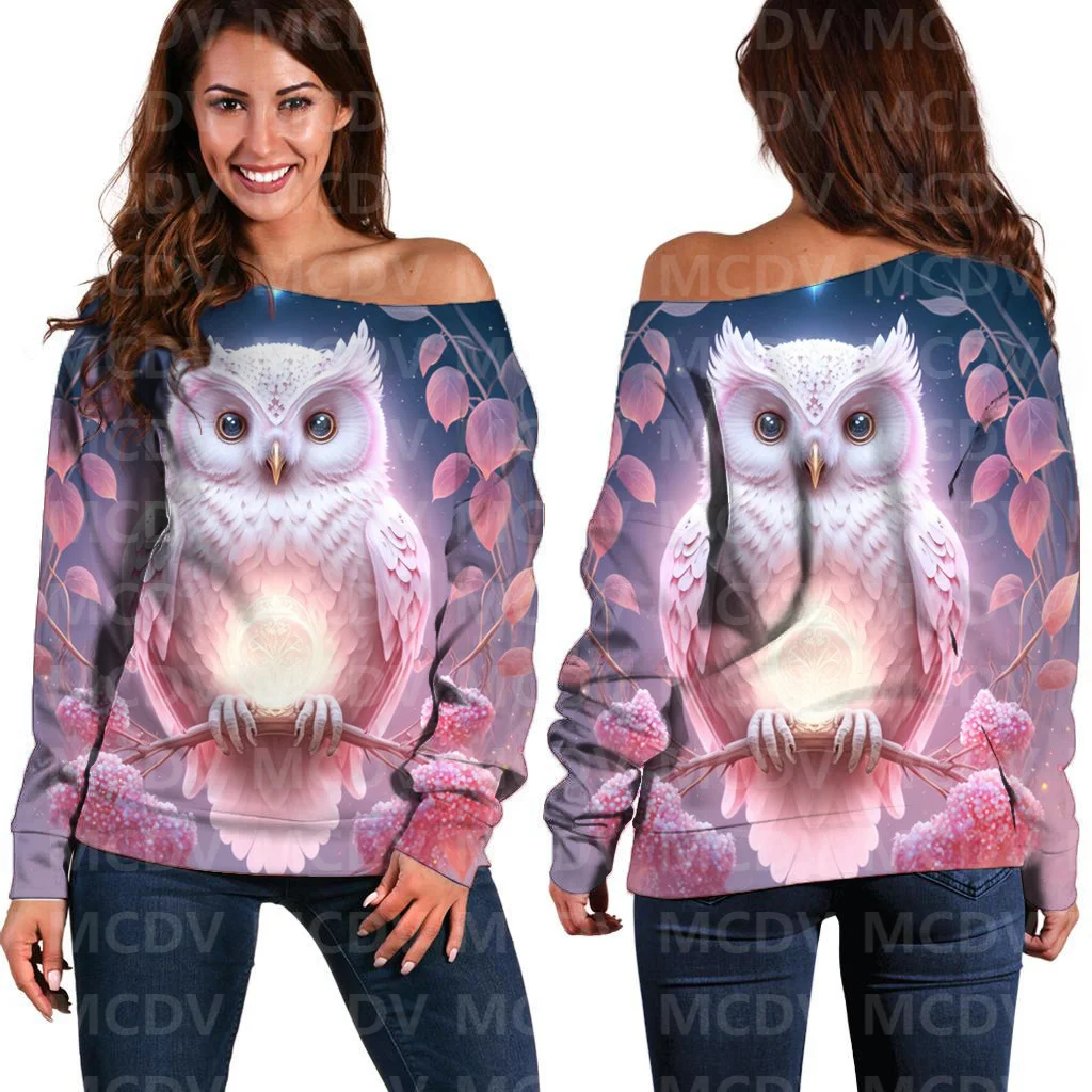 Women's Off Shoulder Sweater Owl 3D Printed Women Casual Long Sleeve Sweater Pullover