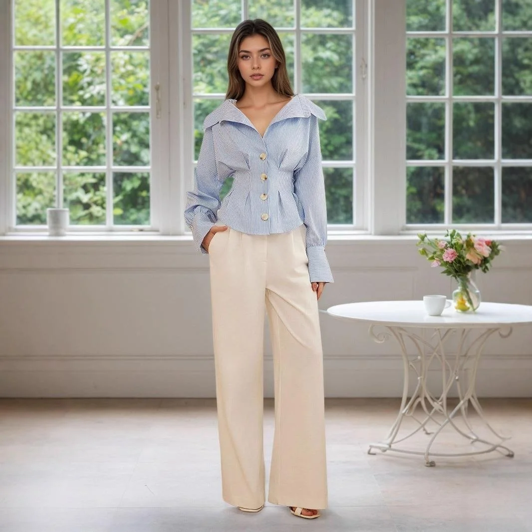 Ele Long Sve irt con pliegues Cintura Cinch Bubble Sve Cuello vuelto Rayado Faion Top versátil para mujer