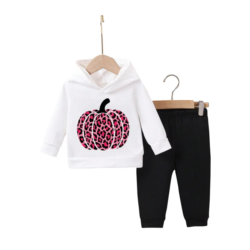 

IURNXB Kids 2pc Children Clothes Set Baby Pink Leopard Pumpkin Print Hoodie Top Pants Sweatsuits Outfits 1-6Y