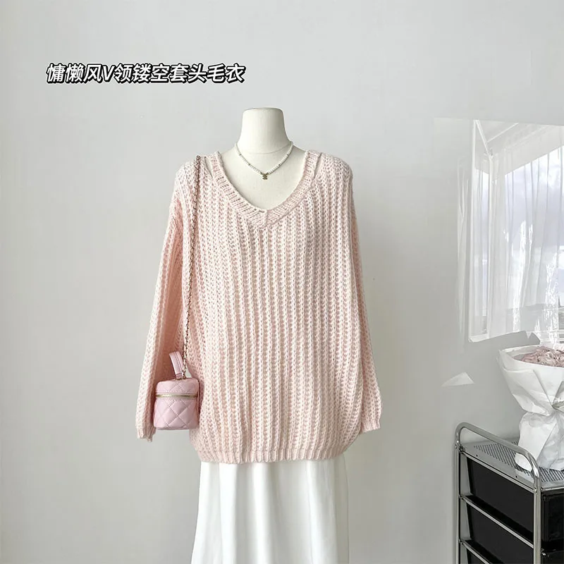 Pink V-neck Knit Sweater Autumn Comfortable Sweet Fashion Long-sleeved Loose Sweater Slouchy Women's Aesthetic Sweater