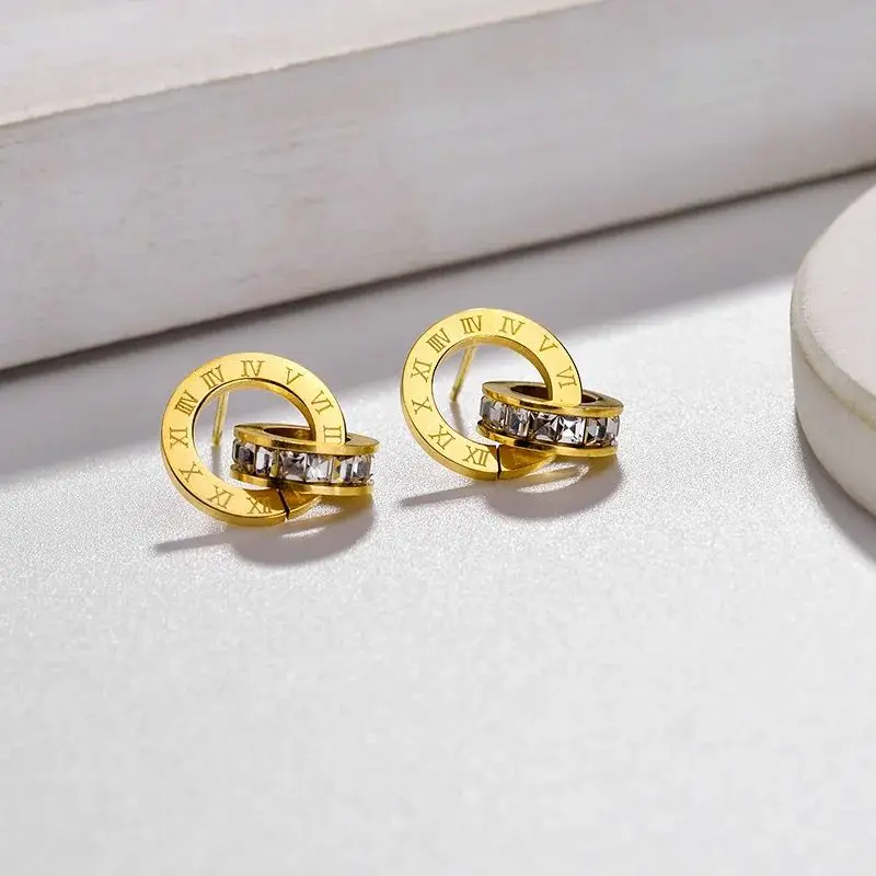 Stainless Steel Zircon Inlaid Double Circle Stud Earrings, Vintage Classic Roman Numeral Colorfast Women Daily Party Jewelry