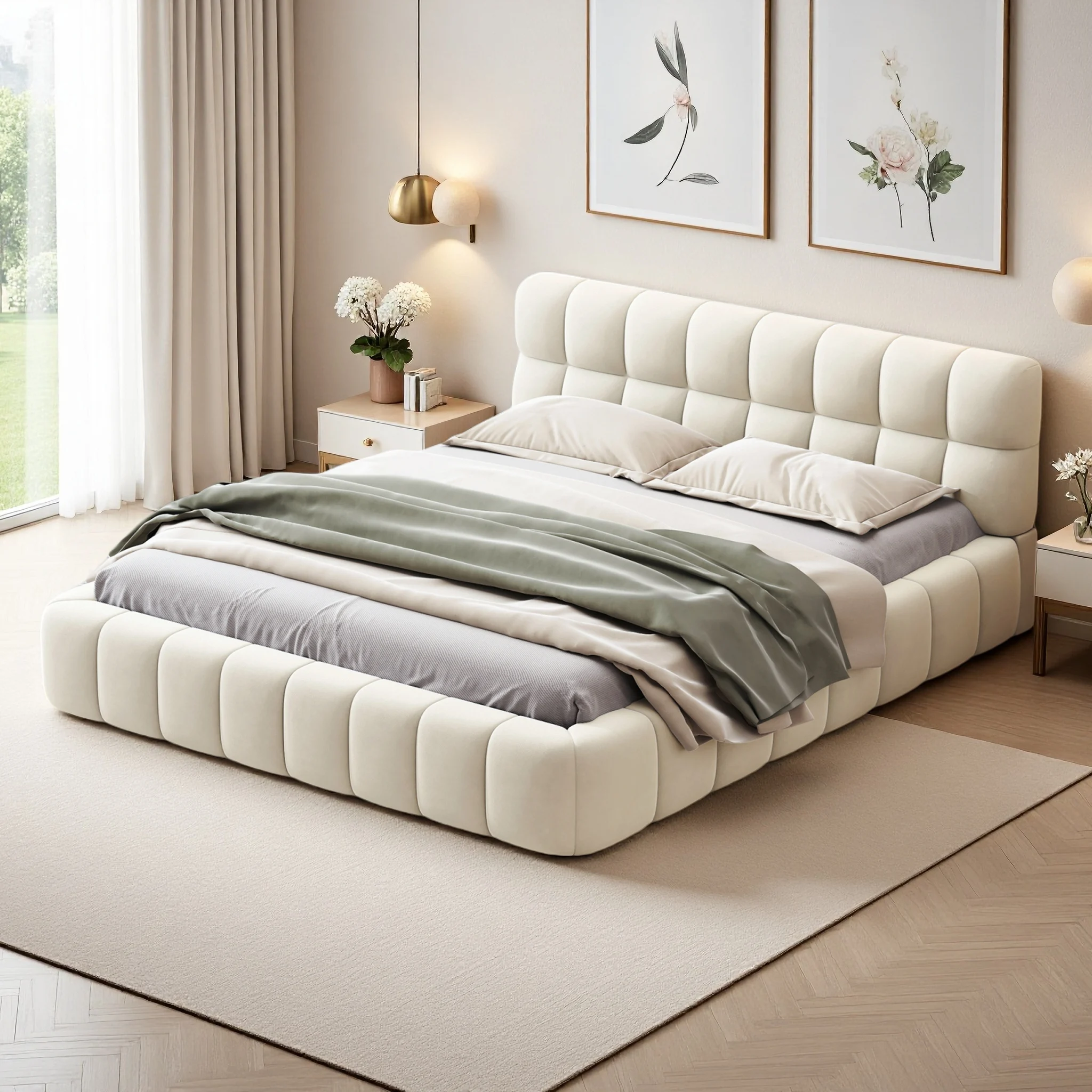 Rosahqnda Polsterbett 140/160x200 cm, Doppelbett, Flachbett, Jugendbett mit gepolstertem Kopfteil, ohne Matratze, Leinenstoff Weiß/Grau