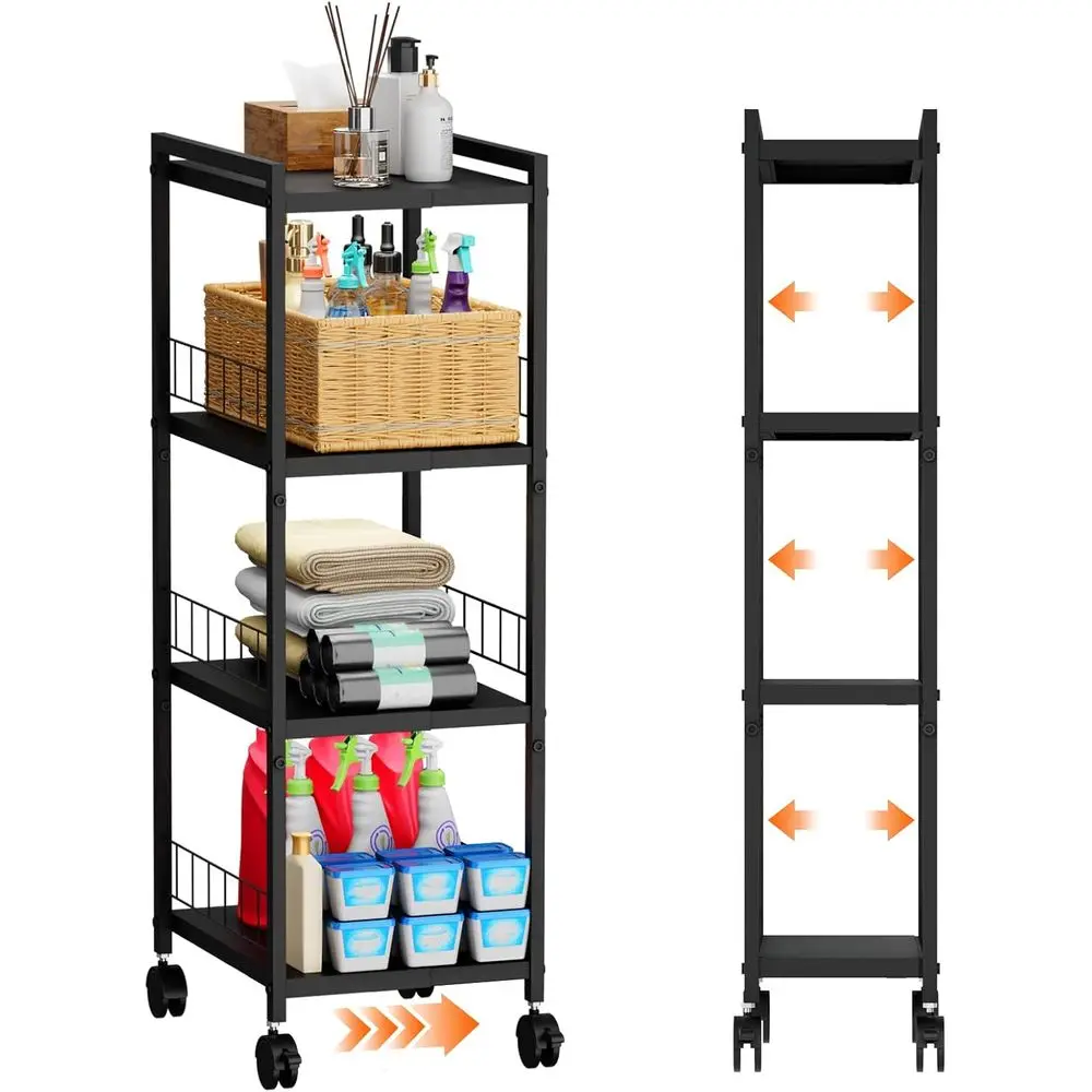 

Expandable Slim Storage Cart with Wheels, 4 Tier Narrow Metal Rolling Utility Cart Organizer Adjustable Open loor Shel Unit or S