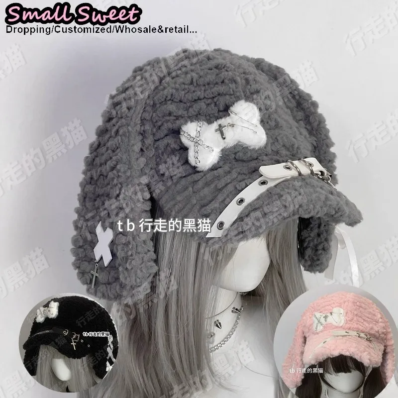 Orecchio di cane Autunno Inverno Gotico Lolita Y2K Beanie Cappello Donna osso Hip-hop croce soffice Carino A Punta Pullover cappello da sole berretto da baseball