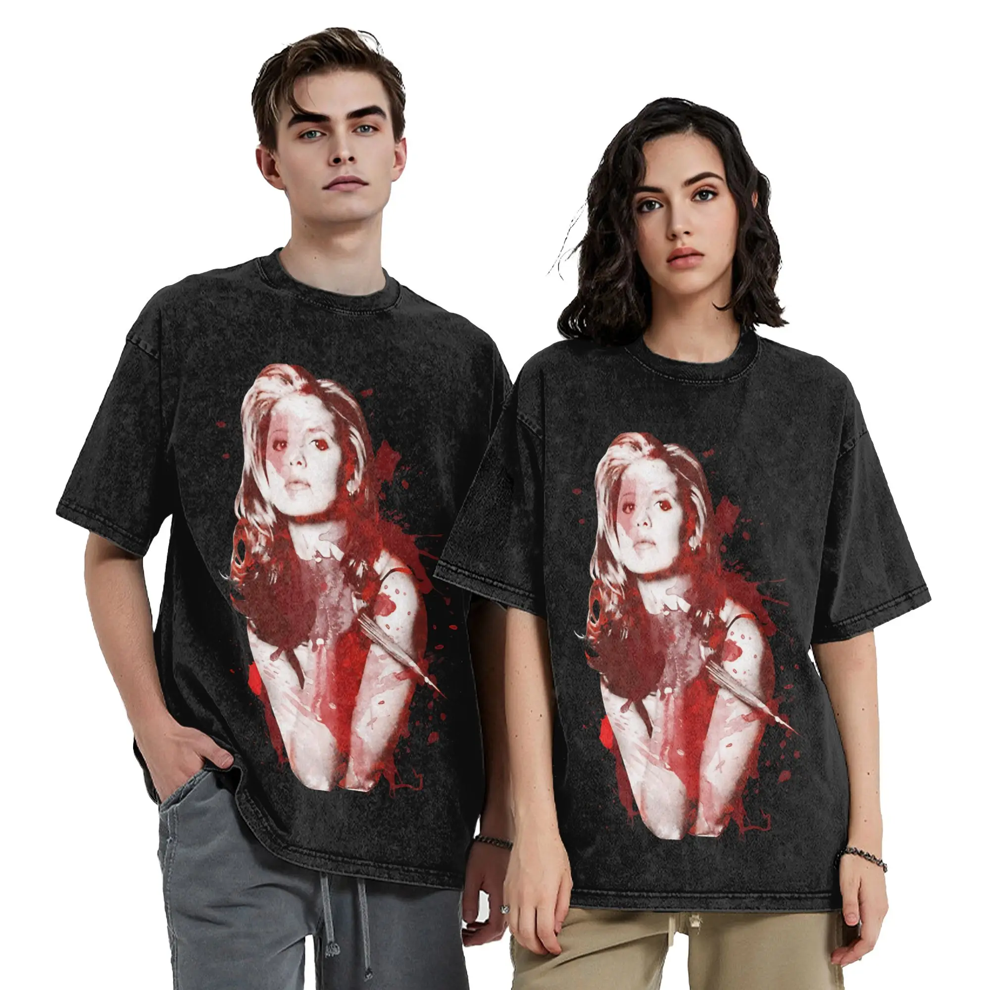 Splatter Buffy the Vampire Slayer Washed T Shirts Streetwear Vintage T-Shirt  Tees Men Women Cotton Harajuku Graphic Printed