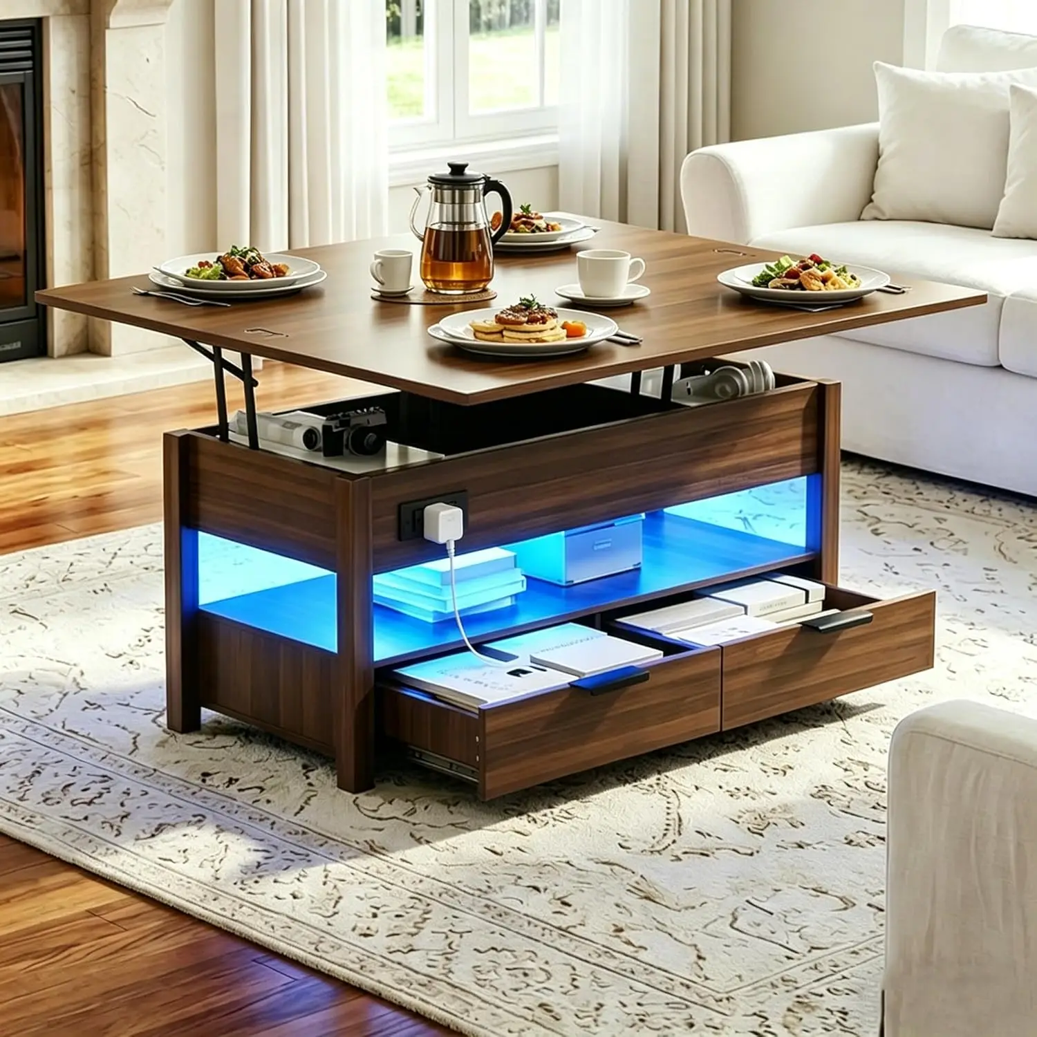 

Lift Top Coffee Table LED Power Outlets Storage Drawers 4 in 1 Modern Walnut Living Room,Customized