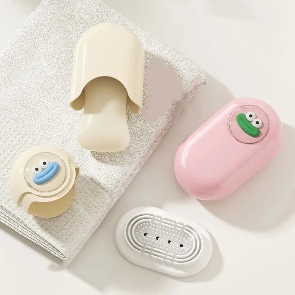 

Portable Cartoon Soap Box Oval Plastic Soap Dish with Laundry Brush Soap Holder Travel