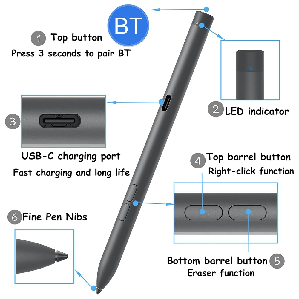 PN7522W Rechargeable Active Pen Stylus Pen Tablet Touch Pen Touch Screen Stylus Pen for Dell Latitude 5350 2in 1/7320 Detachable