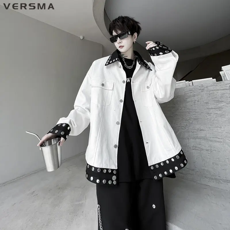 

VERSMA Korean Chic Double Zipper Black Oversized Male Coat American Vintage College Style Bomber Jacket With Rivets Dropshipping