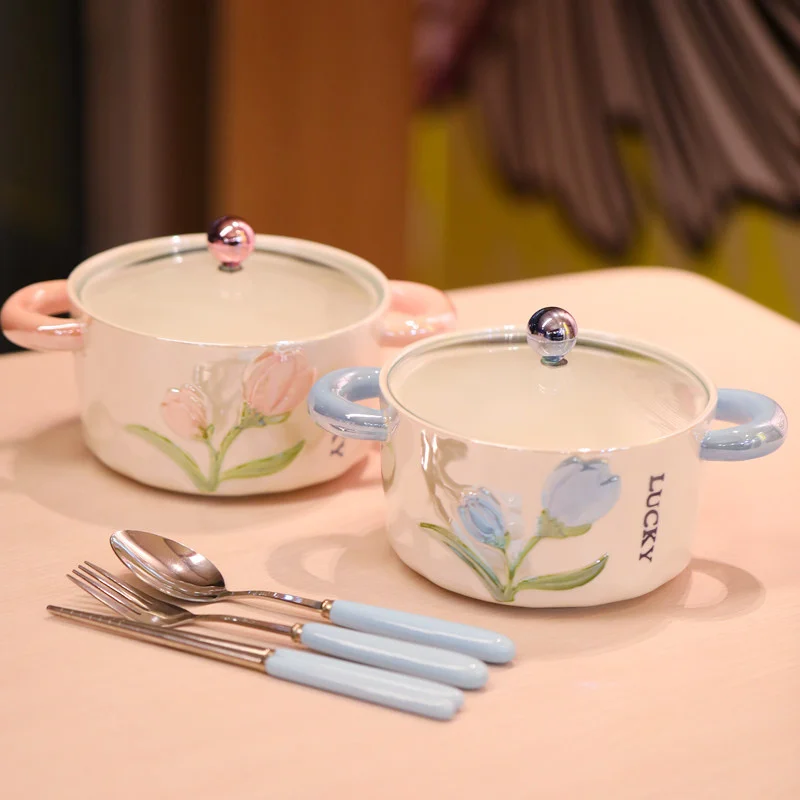 Cute Style High-Temperature Firing Manual Ceramic Rice Bowl With Lid Set Tableware Underglaze Colour Salad Ramen Large Capacity