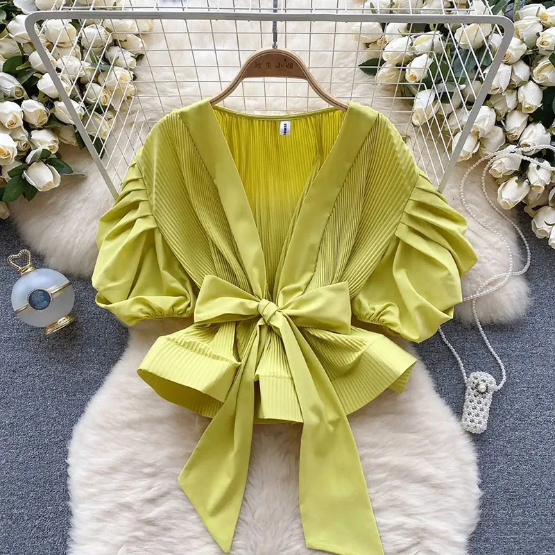 

2026 Summer Women V Neck Shirt Fashion Solid Color New Short Sleeve Blouse Female Elegant Lady Versatile Clothing