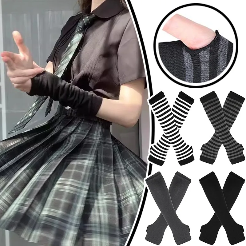 Y2K Gothic Lolita Fingerless Long Gloves JK Punk Hip-hop Winter Arm Cuff Warmer Mitten Cool Girls Unisex Gloves Outdoor Warmer