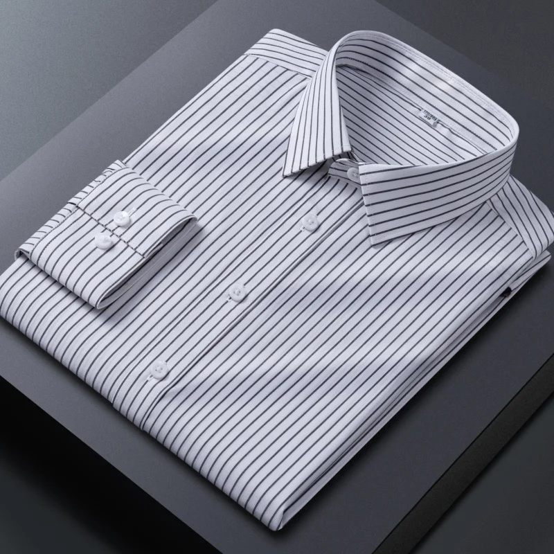 Bamboo fiber Classic Striped Plaid Shirt Men Long Sleeve Shirt White Easy-care Casual Business Formal Long Sleeve Shirt for Men