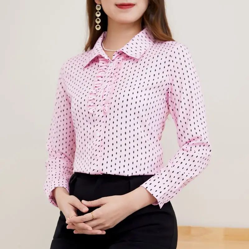 Fashion Striped Printing Shirt Female Spring Autumn Turn-down Collar Polka Dot Auricularia Auricula Long Sleeve Button Blouse