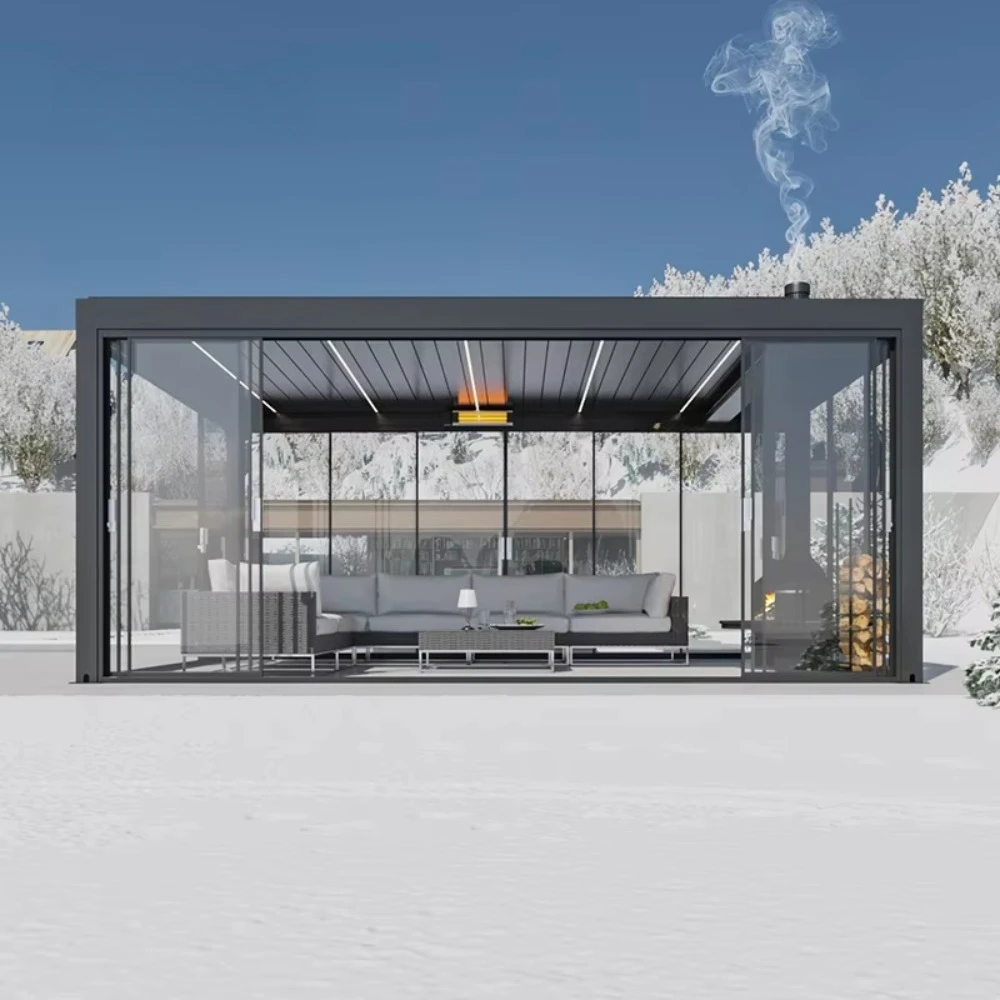 Modern Aluminum Bioclimatic Pergola With LED Lights, Electric Louvered Roof Patio Shade, Outdoor Swimming Pool Canopy
