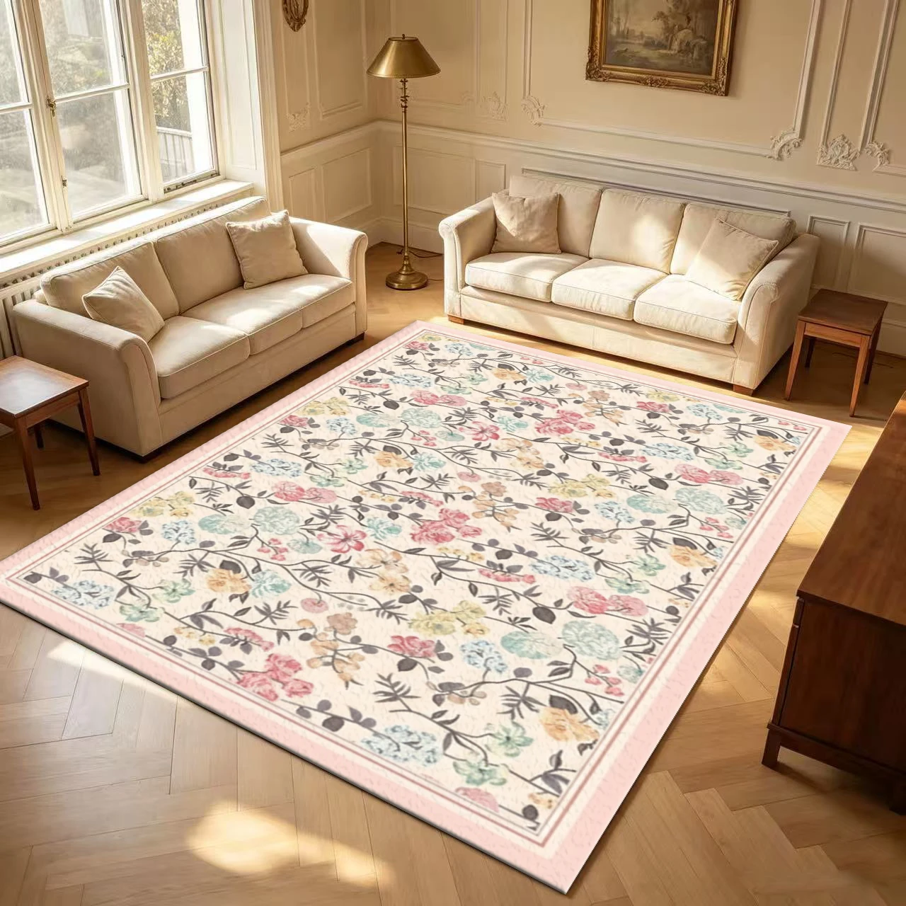 Vintage Floral Vine Area Rug Pink Frame Pastel Flower Carpet for Bedroom Living Room Home Decor Indoor Floor Rug