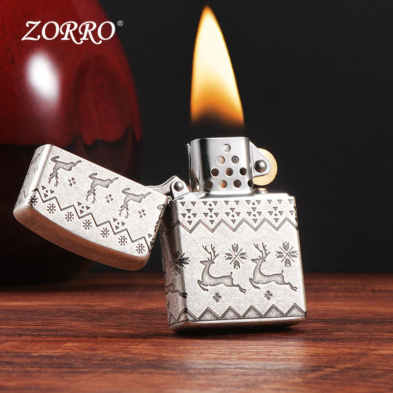 

ZORRO Christmas Deer Vintage Silver Lighter Windproof Ultra-Thin Portable Lighter for Men Women Valentine's Day Gift