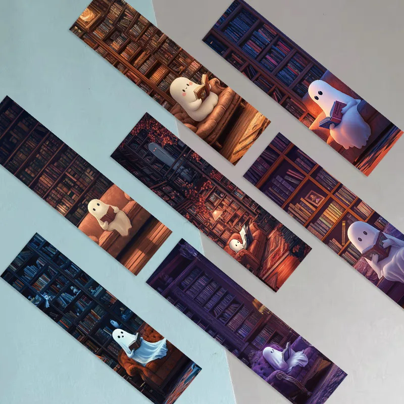 30Pcs Ghost Reading at the Library Bookmarks Aesthetic Decorative Book Markers Paper Book Page Mark Cards for Book Lovers
