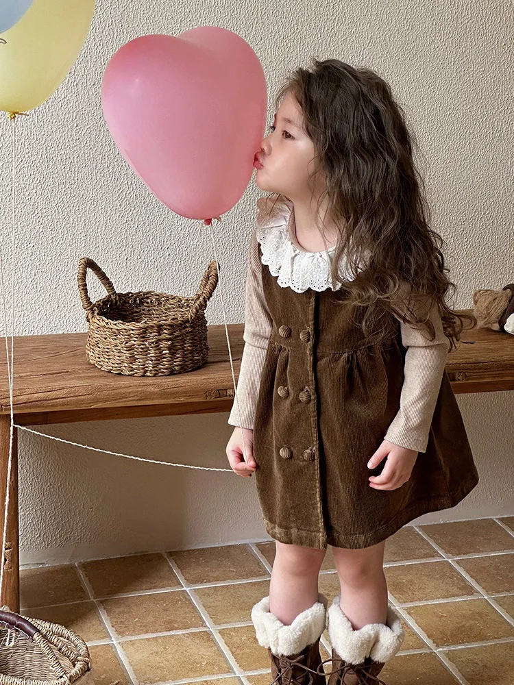 2024 Girls Outfit Sets for Children Kids Corduroy Sleeveless Dress + Lace Collar Knitted Tops Infant Girl Vintage Autumn Clothes