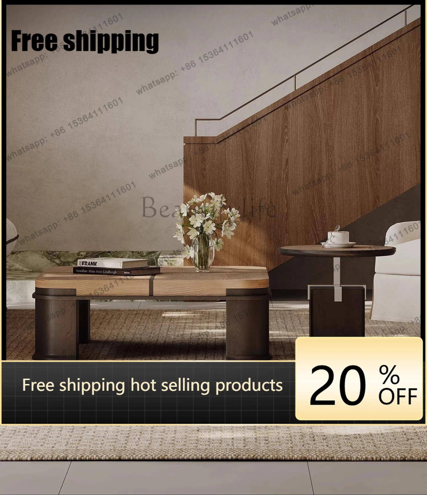 LJY Medieval style square coffee table combination walnut leather living room home 2026 new designer wabi sandy wind advanced se