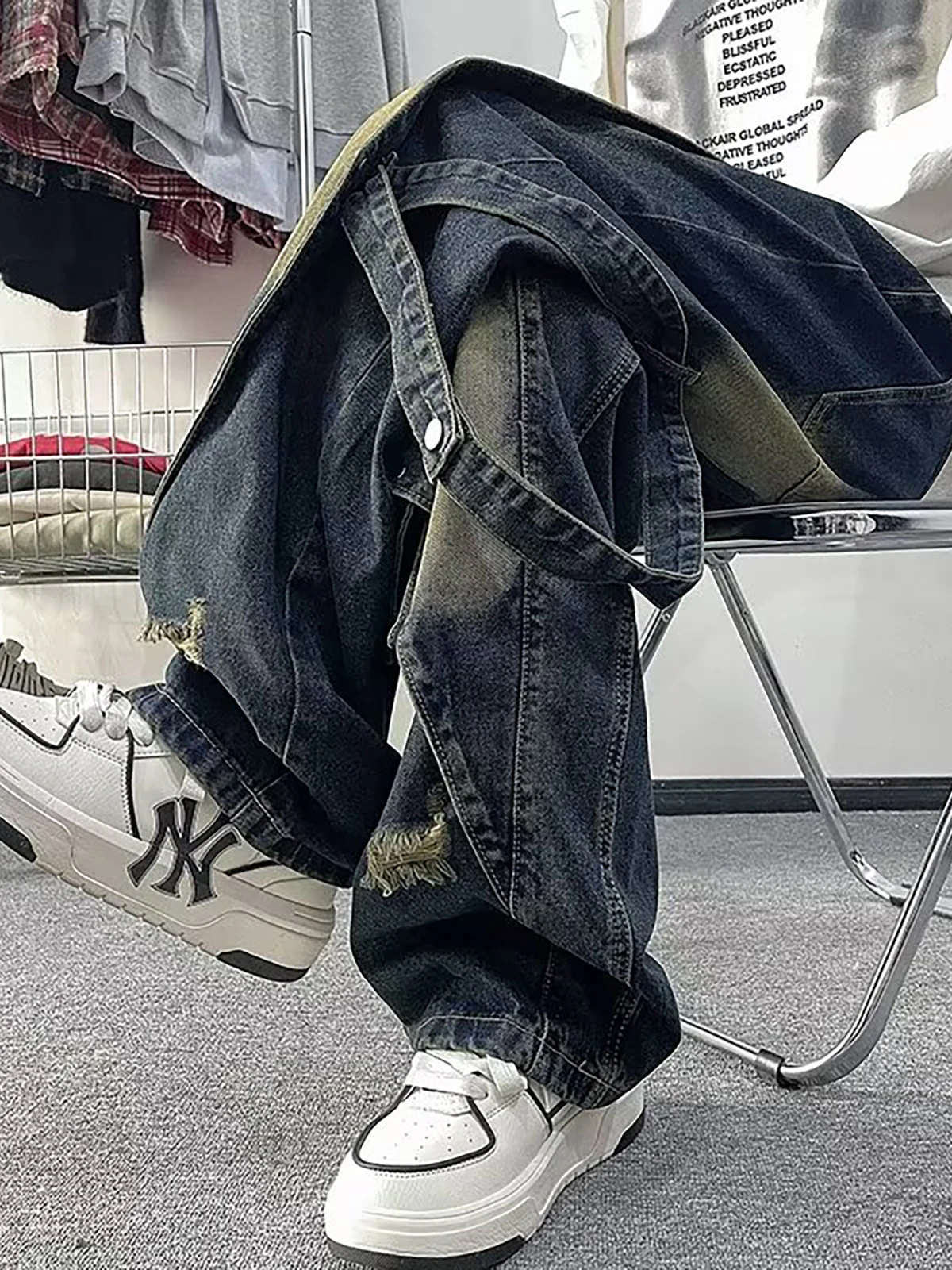 

Spring Autumn Men's Straight Leg Jeans Fake Two-Piece Casual Washed out Trendy Brand Hip Handsome Pants Middle Low Waist Long...