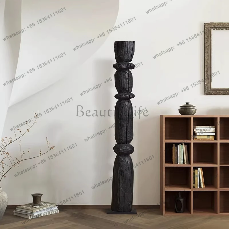 

Wabi Stillwind carbonized solid wood art sculpture floor-to-ceiling ornament entrance vertical height wood carving ornament