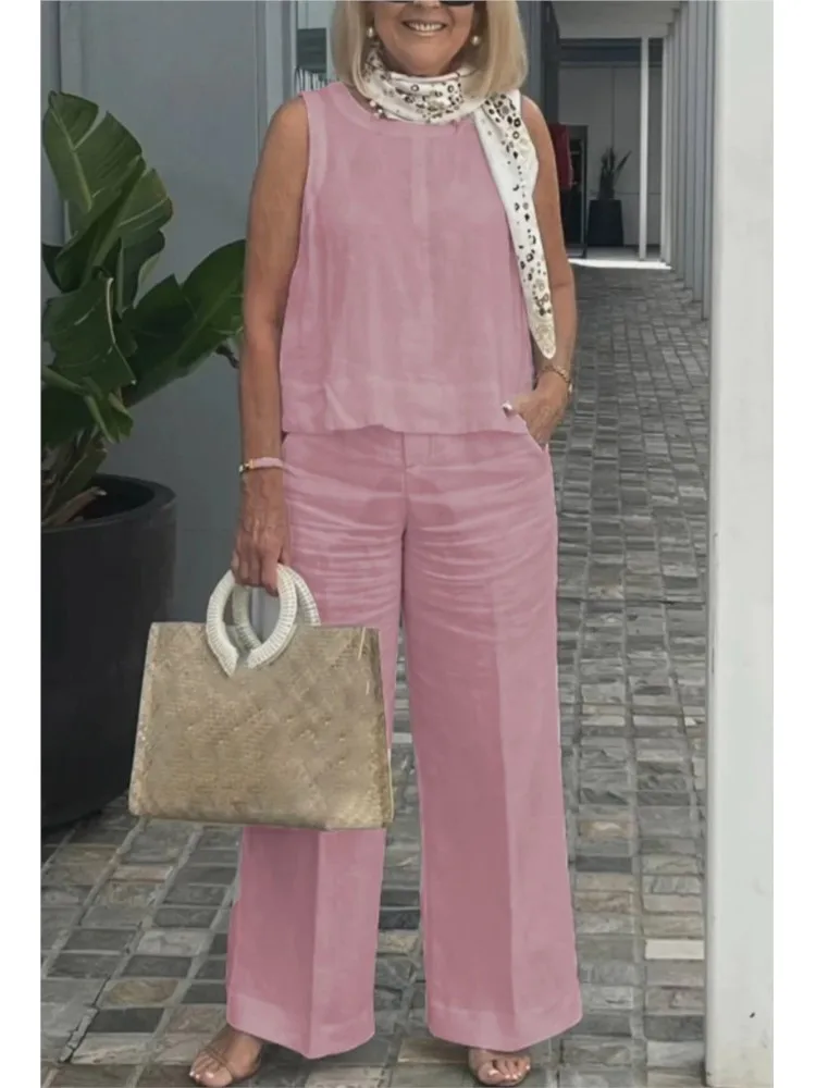 Abito da donna nuovo estivo Top senza maniche Pantaloni a gamba larga Set da due pezzi Moda Casual Solid Holiday Set da 2 pezzi Abbigliamento da donna
