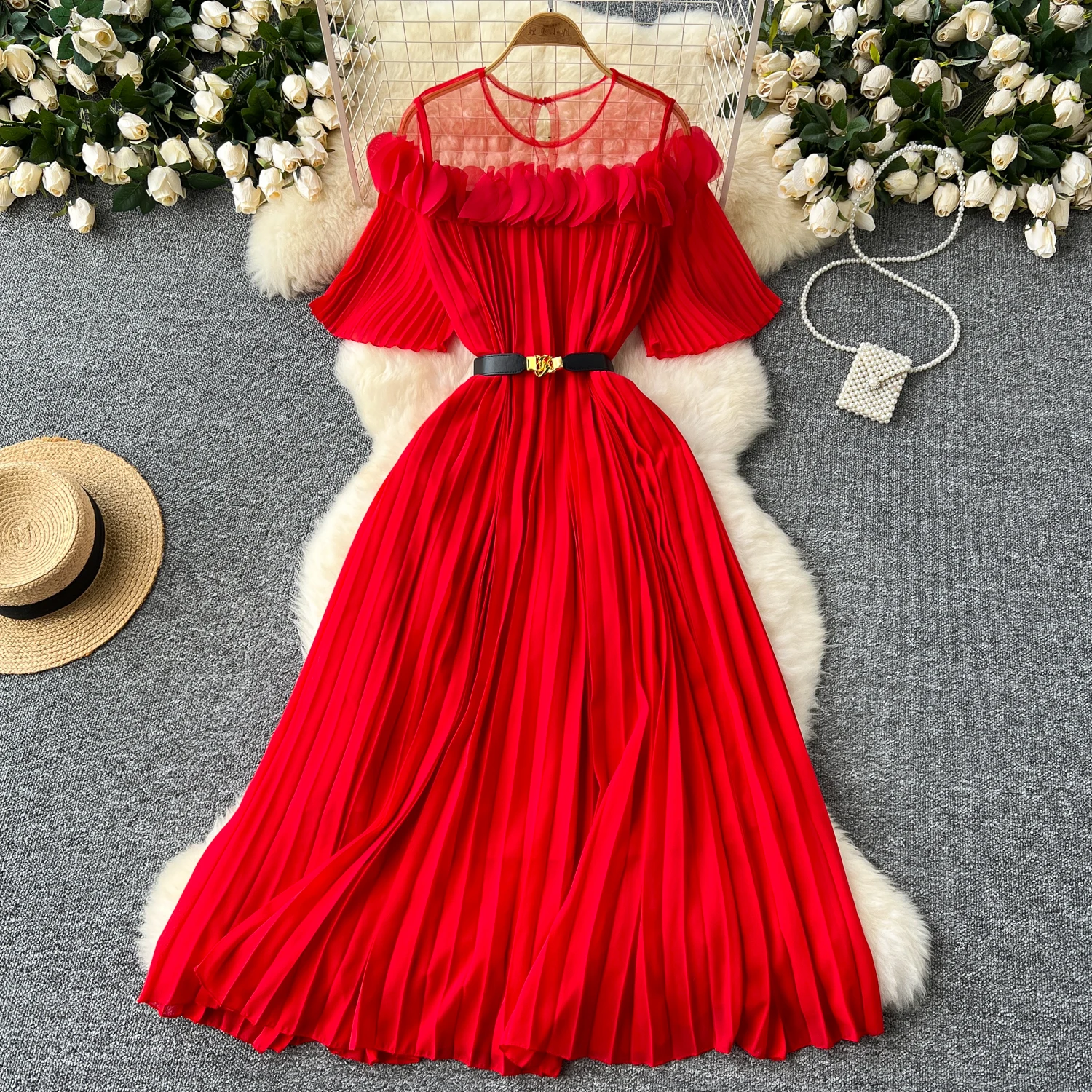 French mesh PATCHWORK Three-dimensional flower Sweet Dress Women Summer Waist Cinching pleated chiffon Dresses