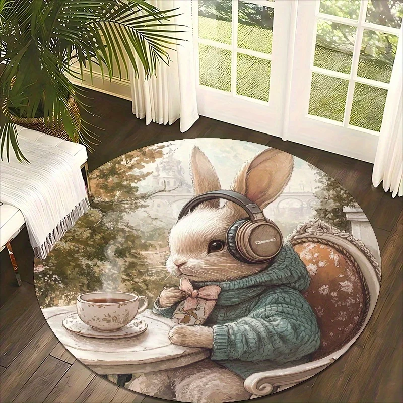 Wearing headphones rabbit Flannel-printed round floor mats are slip-resistant Suitable for living bedroom terrace garden carpets