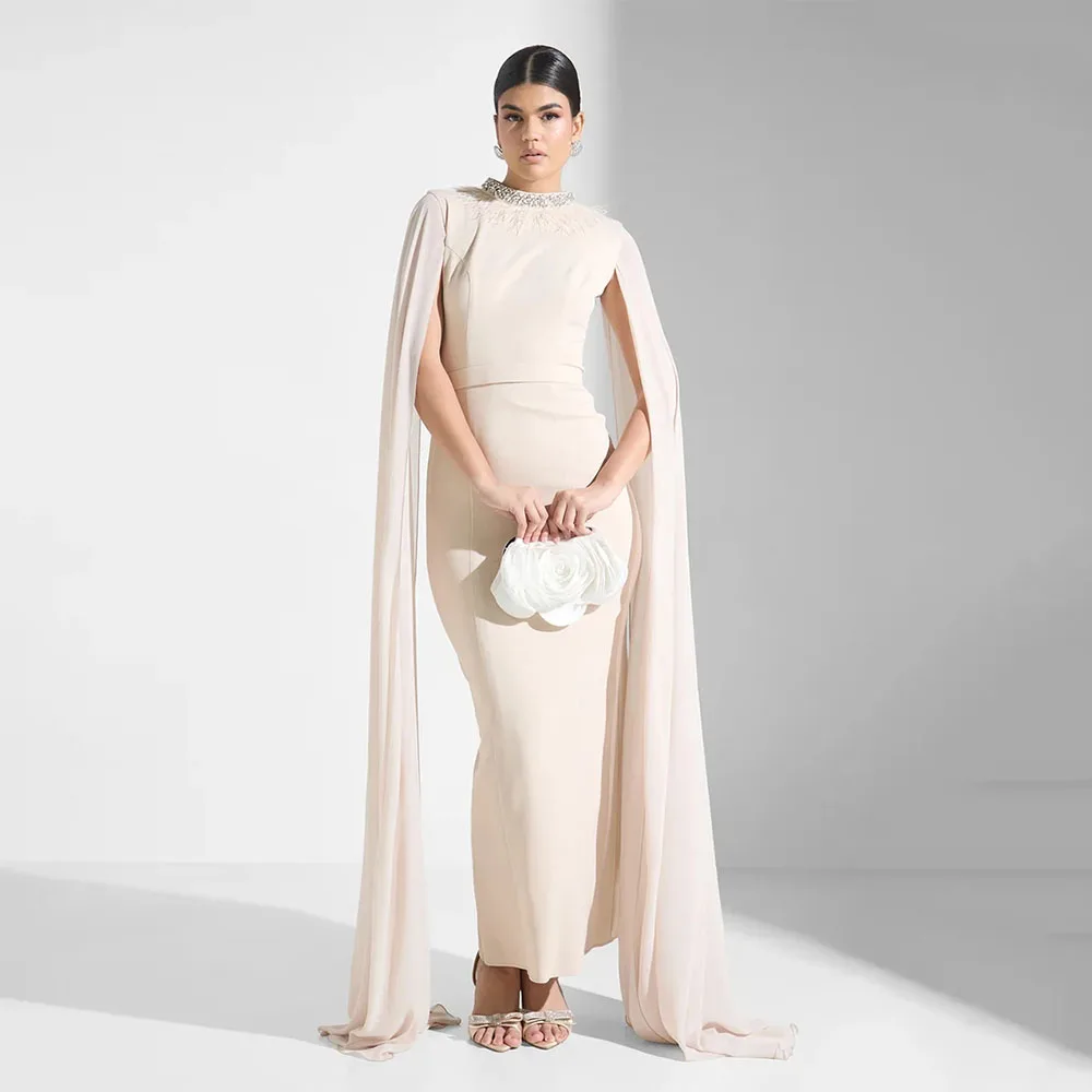 Mermaid Prom Dress O Neck Beading Evening Dress Cloak Sleeves Formal Party Dress Ankel Length Saudi Gown