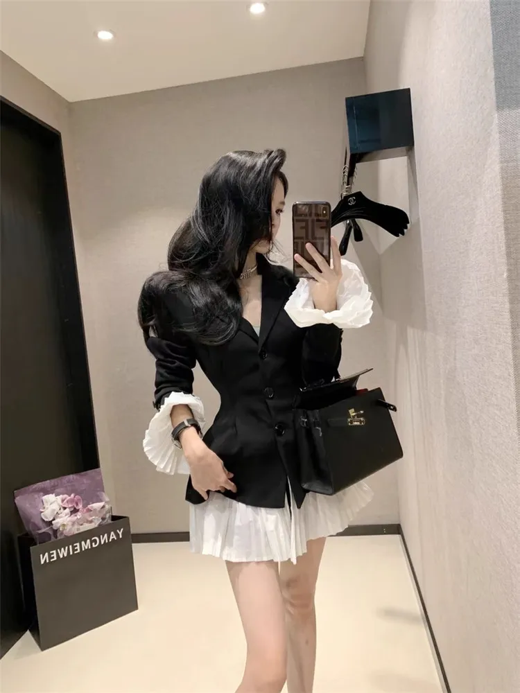 New Fall Fashion Super Mini Black Suit Dress Retro Pleated Ruffles Patchwork A Line Slim Blazer Big Women 3XL Flare Sleeve Dress