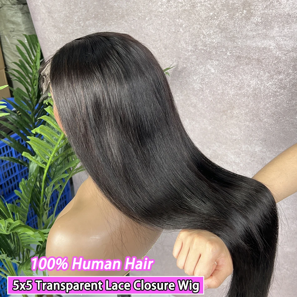 

5x5 Transparent Lace Closure Wigs Straight Human Hair Preplucked Lace 200% Vietnamese #1B Natural Black Color Raw Hair Wig