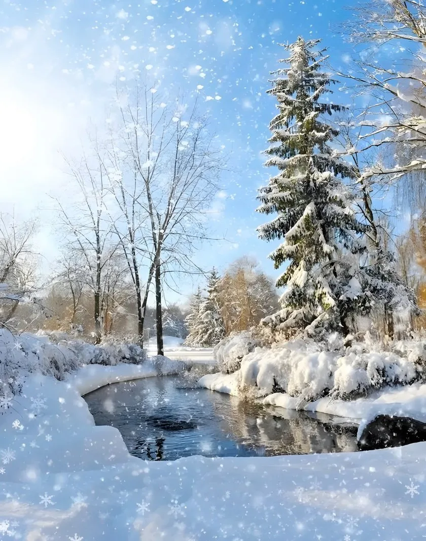 Fondos de copo de nieve con escena de bosque de nieve, río, invierno, impresión por ordenador de alta calidad, fondos de estudio de fotografía escénica