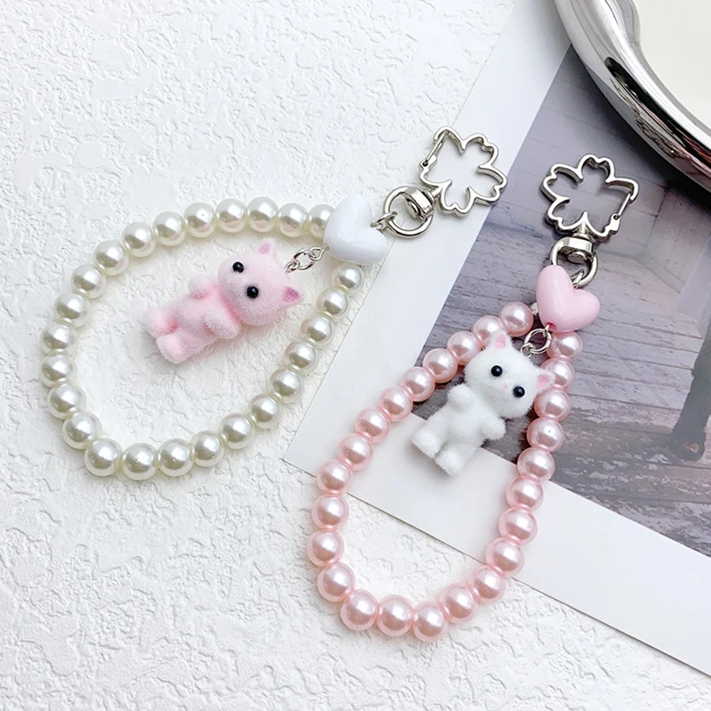 1 * niedliche beflockte Katze Liebe Nachahmung Perle Perle Schlüssel bund Handy kette Anti-Lost Lanyard Plüsch Kätzchen Tasche Anhänger Kamera kette